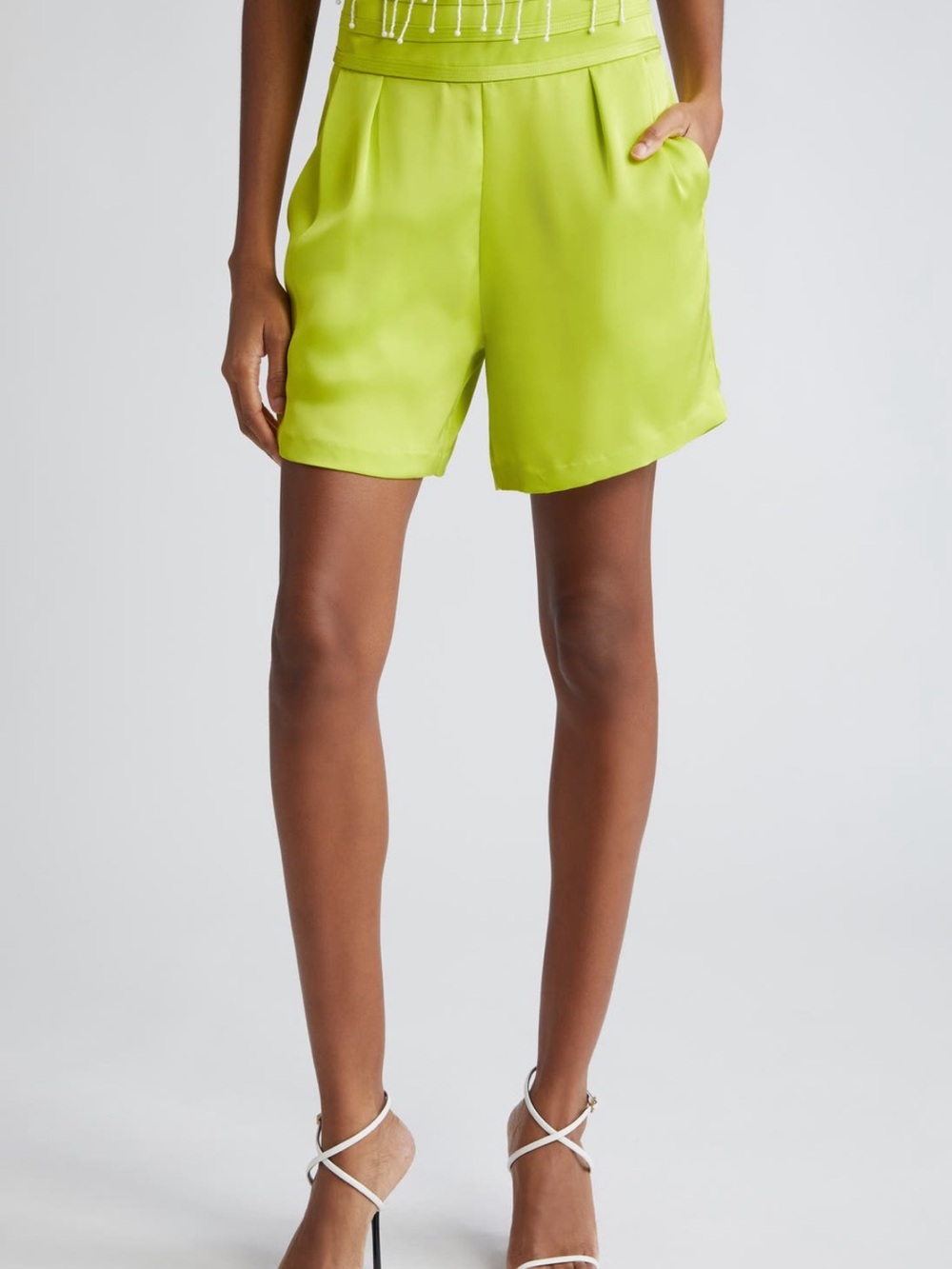 Ramy Brook Lime Satin High-Waist Bermuda Shorts